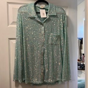 NWT Sequin top. Long sleeve button down. Size large